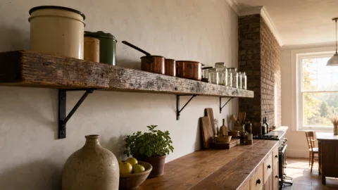 Wide establishing shot of the long kitchen with the reclaimed shelf.