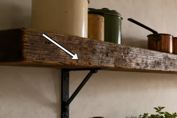 Close-up of the shelf surface showing weathered grain and oil.