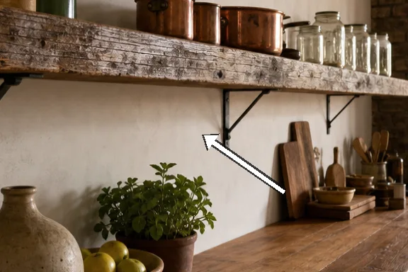 Detail of copper pans and enamel jars on the 180 cm shelf.