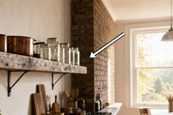 Edge view beside the brick chimney with soft late-afternoon light.