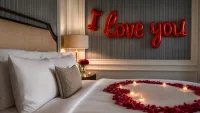 Wide establishing shot of the full bedroom with rose petals.