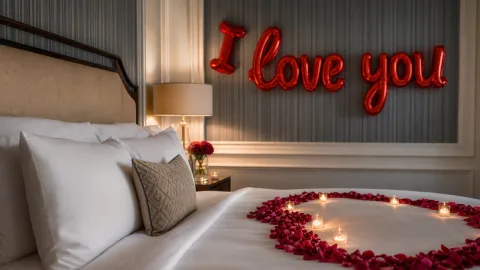 Wide establishing shot of the full bedroom with rose petals.