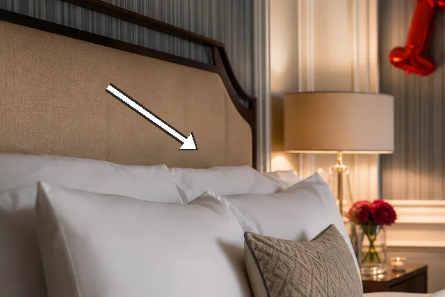 Close detail of white bedding and beige upholstered headboard.