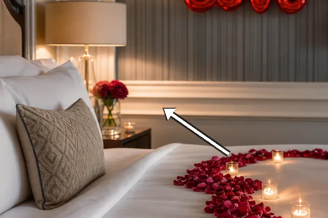 Close view of red balloons above the bed and wall.