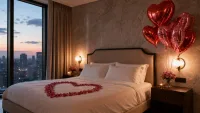 Wide establishing shot of the romantic bedroom with heart-petal bed.