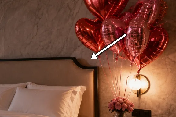 Red metallic I love you balloons against the grey marble wall.