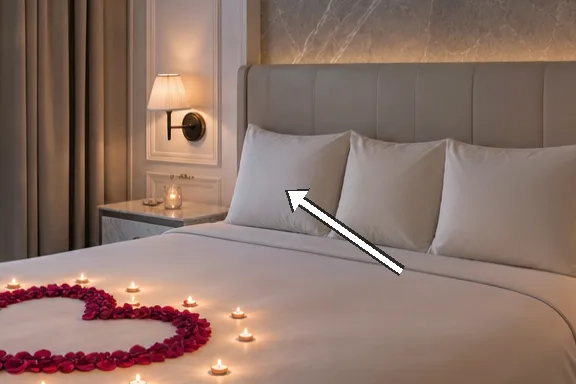 Close detail of the padded headboard and marble-toned wall.