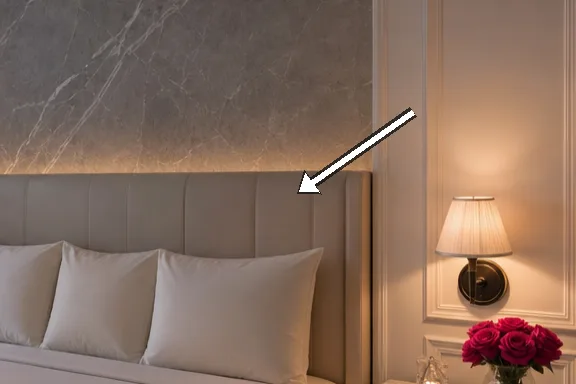Close detail of two bedside lamps, white panels, and rose hues.