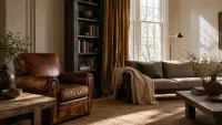 Wide establishing shot of our living room corner featuring the armchair and window.