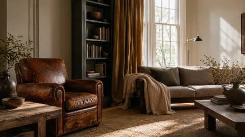 Wide establishing shot of our living room corner featuring the armchair and window.