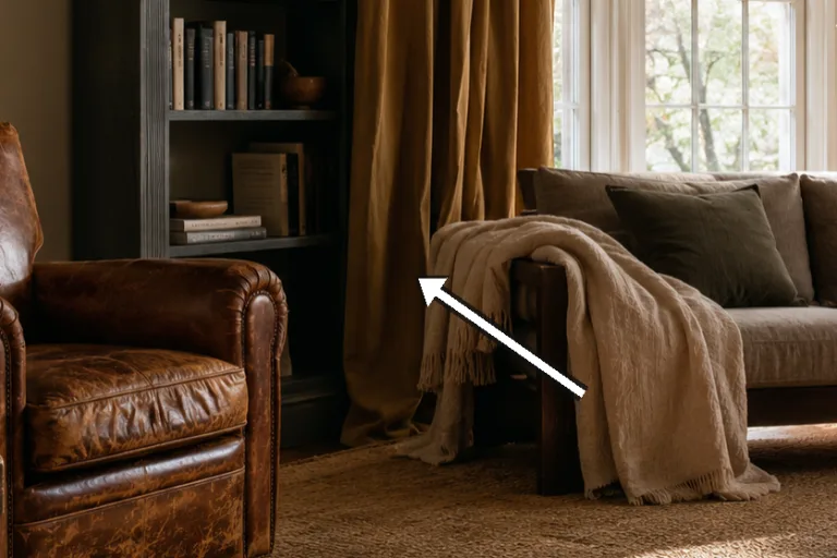 Texture shot of beige linen throw, charcoal shelf, and ochre curtains.