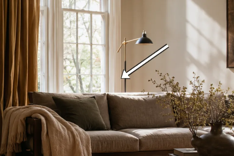 Morning light across taupe walls, biscuit rug, and ash-toned furniture.