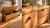Wide establishing shot of the entryway showing slim oak bench and hidden drawer.