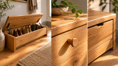 Wide establishing shot of the entryway showing slim oak bench and hidden drawer.