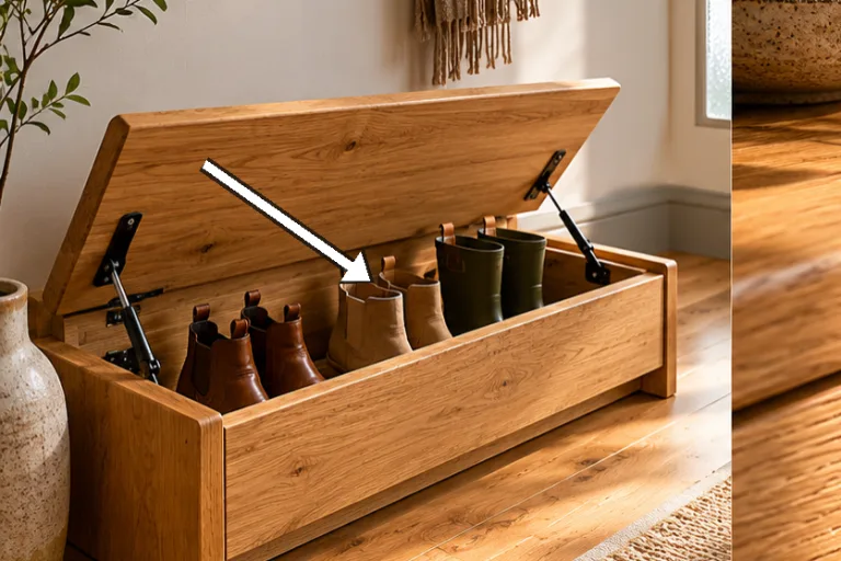 Close-up of bench seat lifted to reveal concealed boot drawer.