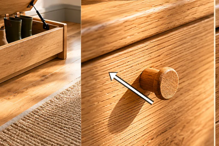 Detail of oak grain and discreet hardware in morning light.