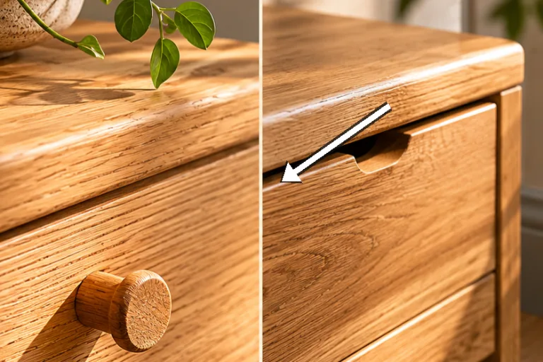 Close crop of hidden drawer seam beneath the seat.