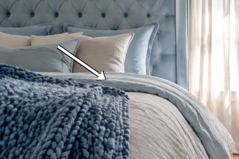 Close-up of the chunky cornflower blue knitted throw on the bed.