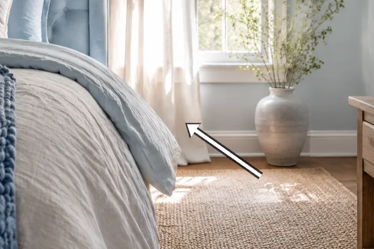 Detail of the pale linen bedding and botanical accents by the window.