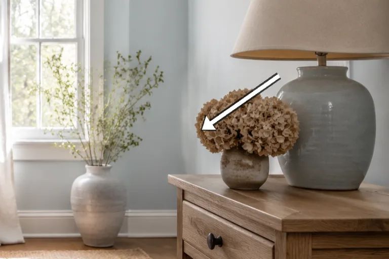 Close view of the oak bedside table with ceramic lamp and vase.