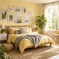 Wide view of a sunny yellow bedroom with botanical prints