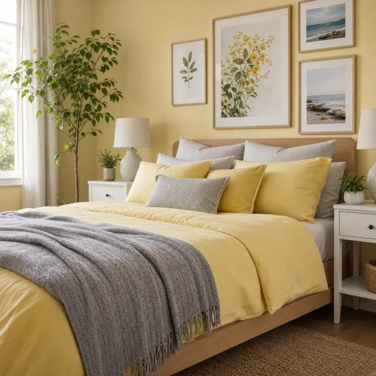 Bed with pale yellow duvet and soft grey knitted throw