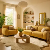 Wide shot of a sunlit living room in warm yellow tones