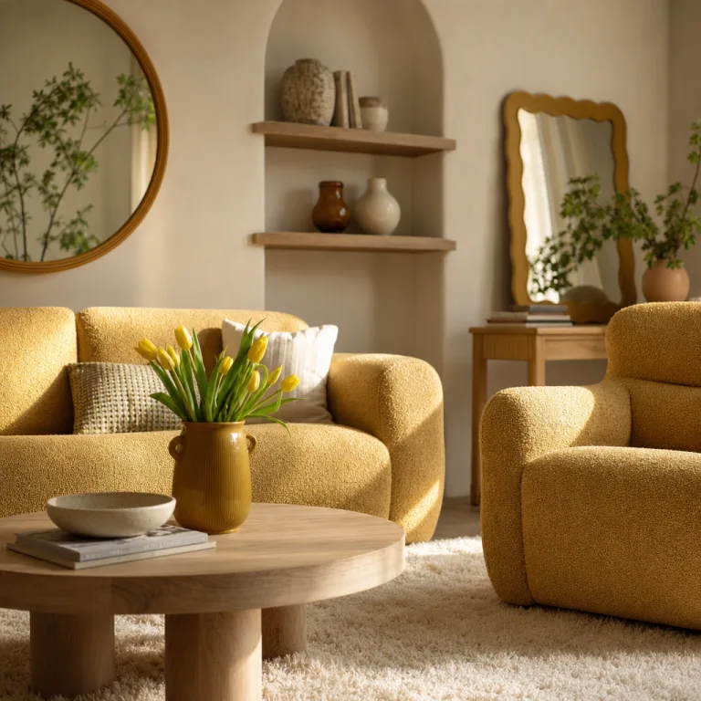 Rounded mustard mirror on the wall reflects leafy green sprigs