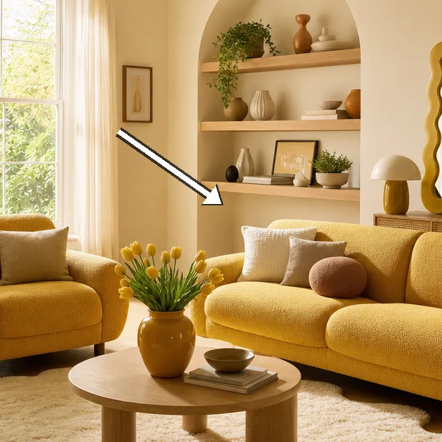Low wooden coffee table holds a yellow vase with tulips