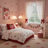 Wide establishing shot of a strawberry-themed pink bedroom with cherry motifs