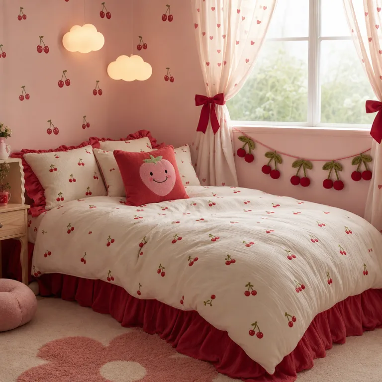 Detail of duvet cover featuring tiny cherries and green stems