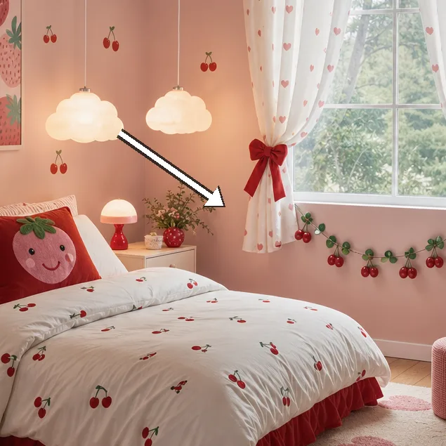View of plush strawberry cushions and a red bow accent pillow