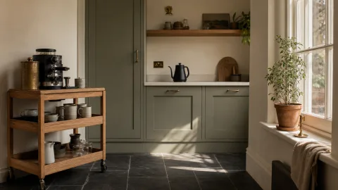 Wide view of compact north-east kitchen with oak rolling cart by east window