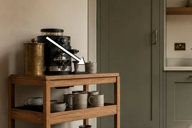 Three-tier oak cart with espresso machine, brass canister and ceramic mugs