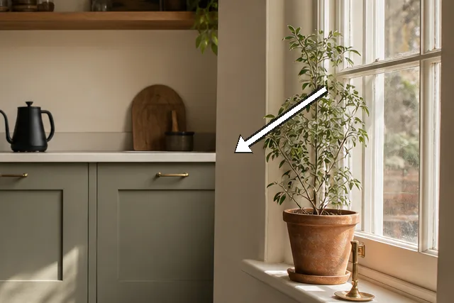 Sash window sill with terracotta plant pot, linen towel and gentle shadows