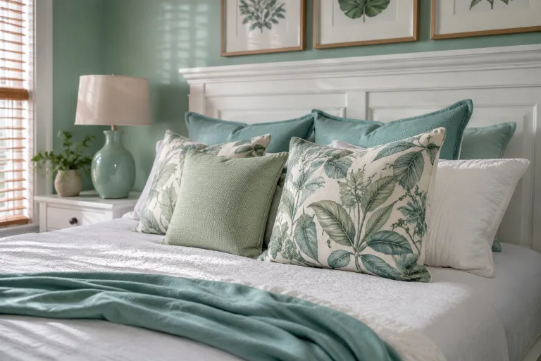Close view of the white bed with botanical cushions and teal accents.