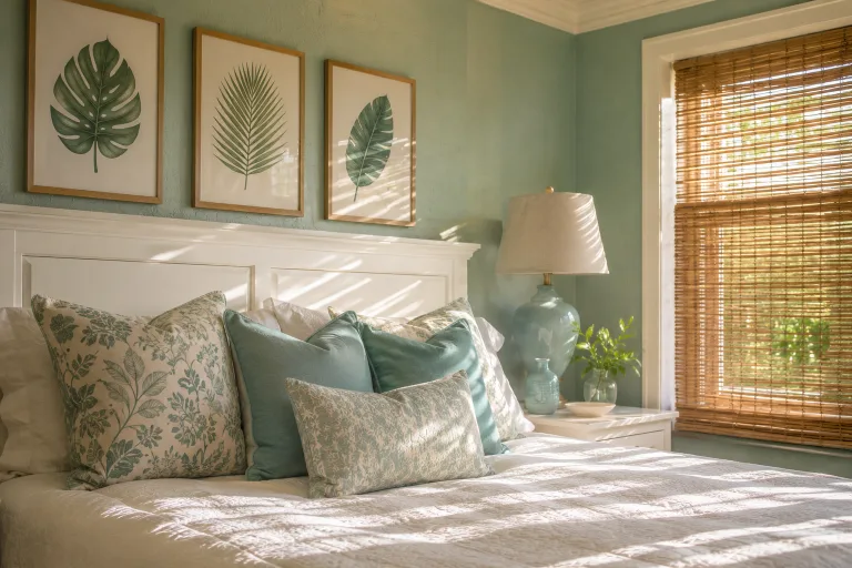 Lamps and turquoise ceramics flank the nightstands, with framed leaves above.