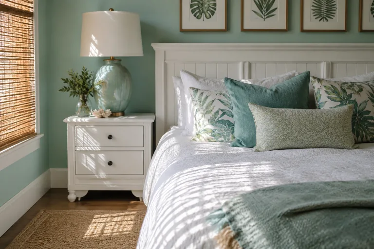 Shutters cast soft light across the quilt and rug, highlighting texture.