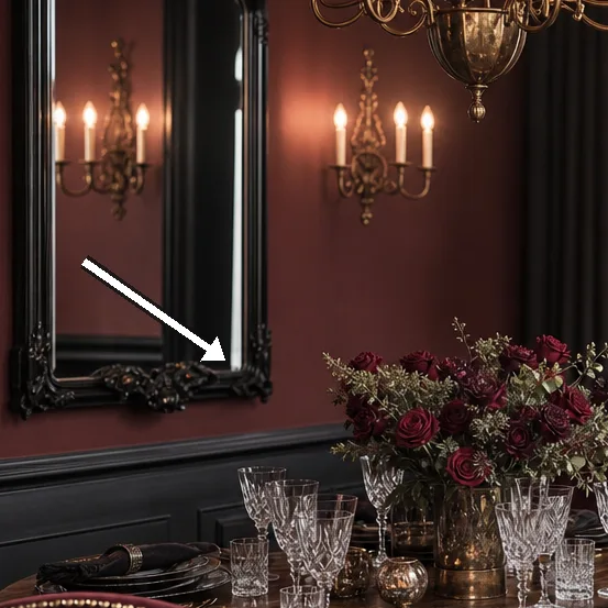 Ornate black-framed mirror above dark panelling reflects candlelight.
