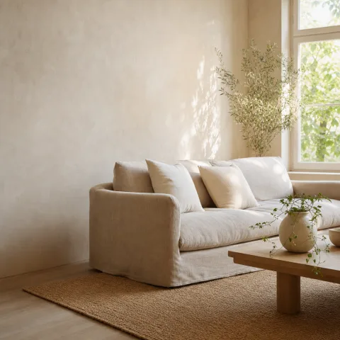 Wide establishing view of the living room with warm white walls