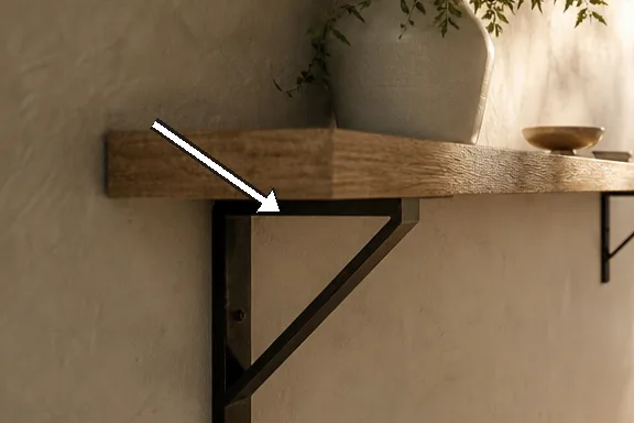 Close detail of oak board and matte black steel bracket against plaster