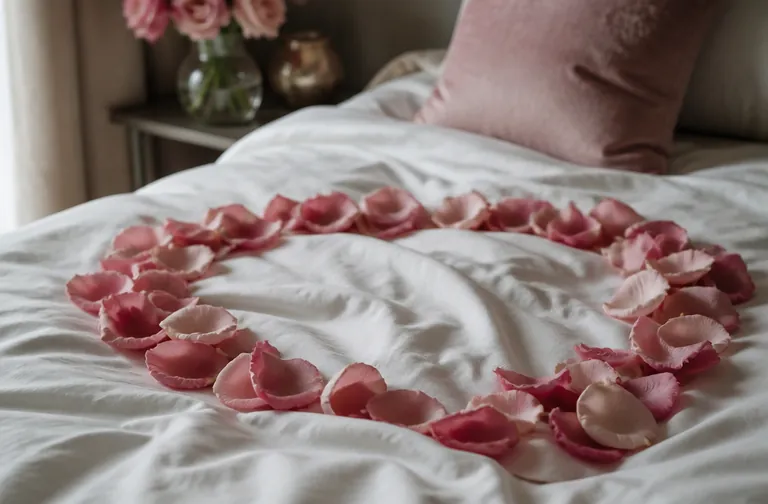 Close-up of pink rose petals arranged in a circular ring around the white duvet.