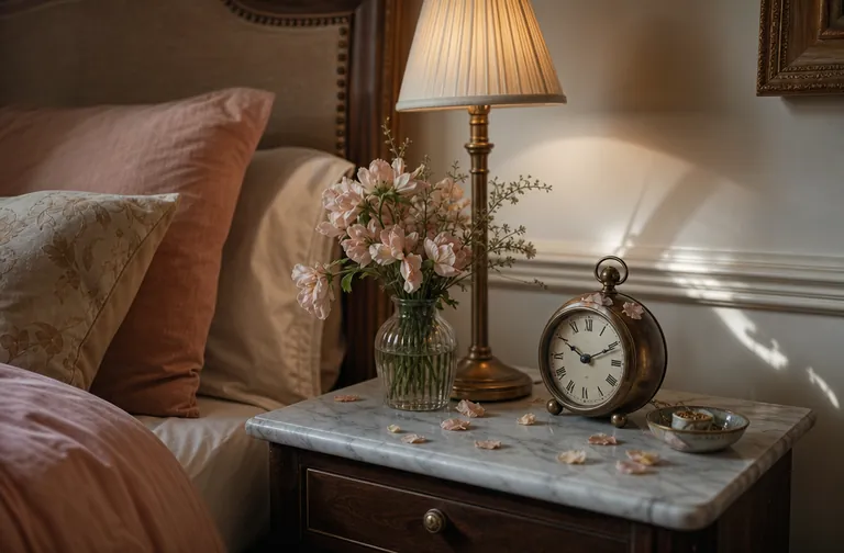 Soft glow from a bedside lamp, marble-topped nightstand, and a small clock catching petals.