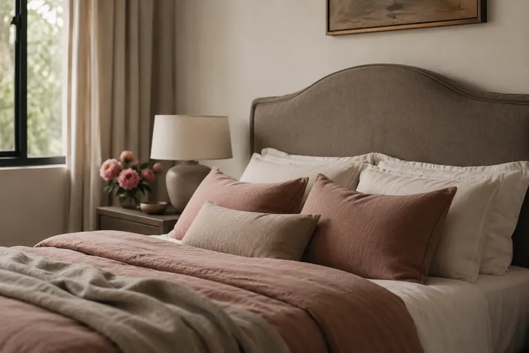 Muted taupe headboard against pale wall forms a calm backdrop for romance.