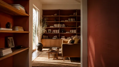 Wide shot of the south-facing reading room showing built-in red-backed bookshelves