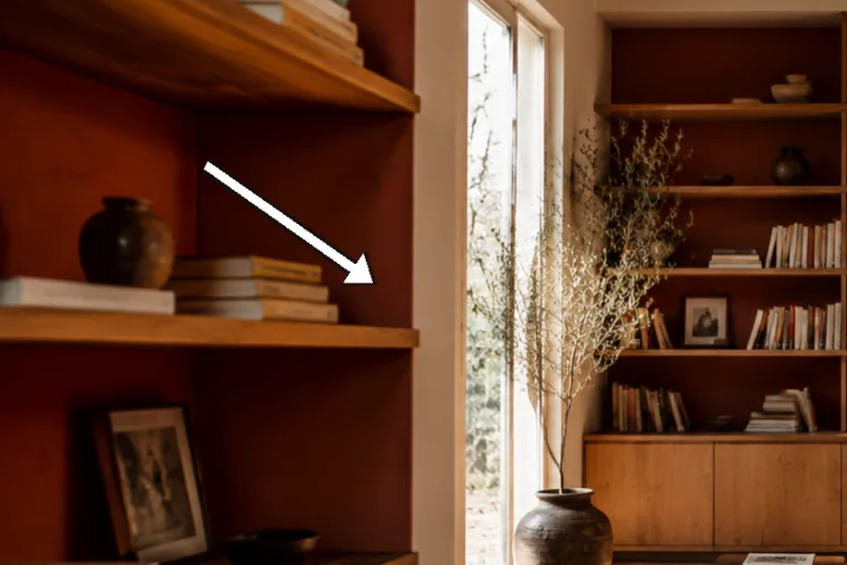 Close-up of oak shelves with deep clay-red backs and stacked books