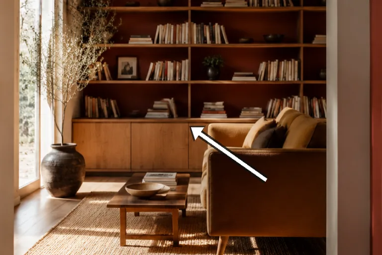 Detail of mustard wool sofa, oak coffee table, late afternoon light across rug