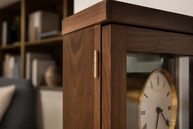 Close detail of the walnut clock casing with brushed brass hinges.