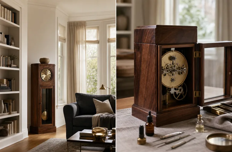 Close detail of the clock's movement with screwdrivers and oil.