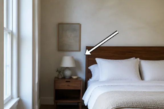 Close-up of walnut bedframe and white percale bedding against cool light.